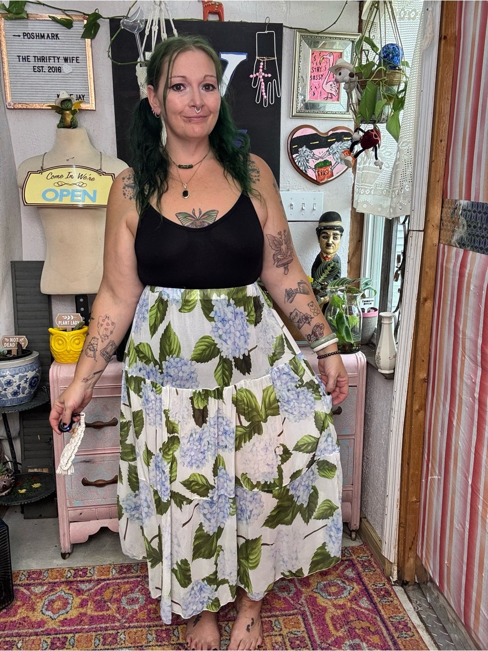 Boho Floral Sheer Flowy & Dramatic Tiered Maxi Skirt in White Lavender Green